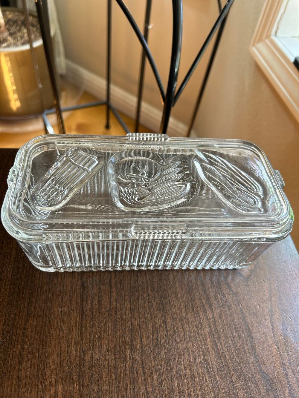 Vintage 1940's Federal Glass Clear Refrigerator Dish With Lid Vegetables On Lid
